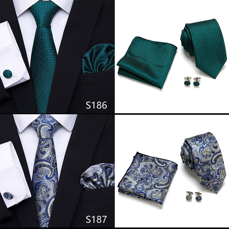 Jacquard Nuovo Design Festivo Regalo Cravatta Fazzoletto Gemelli Set Cravatta Uomo Plaid Camicia Gialla Accessori_voghion.com