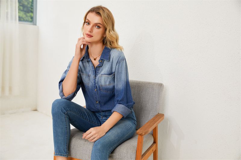 Giacca in denim monopetto con risvolto casual alla moda da donna_voghion.com