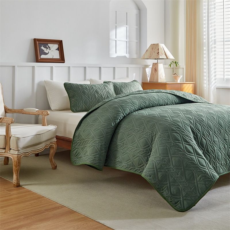 Modern Minimalist Diamond Quilted Bedding Set In Solid Colors - Light Grey, Beige, Green - Sizes 173x229cm To 264x229cm_voghion.com