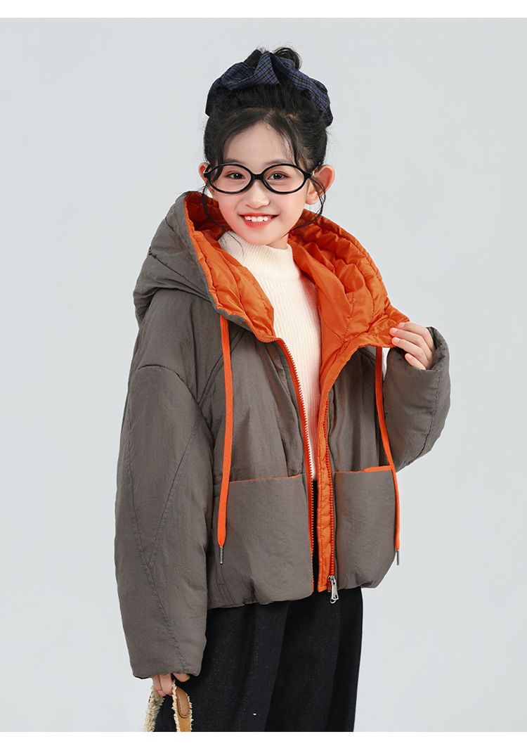 2025 New Style Girls Contrast Color Down Cotton Jacket Casual Loose Thick Warm Winter Cotton Jacket For Middle And Large Children_voghion.com