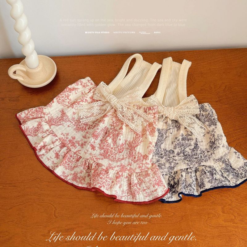 Vêtements pour animaux de compagnie chien chat printemps été français floral nœud papillon Teddy Bichon petit moyen chiens sangle robe_voghion.com