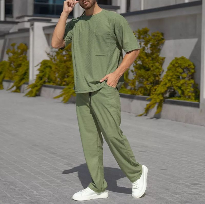 "Men's Waffle Knit Short Sleeve Set – Breathable Loose Fit Crew Neck T-Shirt & Casual Pants (Black/Grey/Khaki/Green, Sizes S-XXXL)"_voghion.com