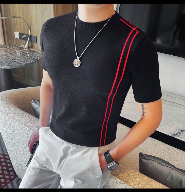 Summer New Products Men's Thick Short Sleeve T-Shirt Threaded Neckline Short Sleeve Knitted Sweater Slim Fit Elastic Bottom Sweater Undershirt_voghion.com
