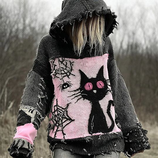 Gemütlicher Oversize-Kapuzenpullover für Damen – 3D-bedruckter Streetwear-Pullover, Langarm-Oberteil mit überschnittenen Schultern im Gothic-Stil_voghion.com