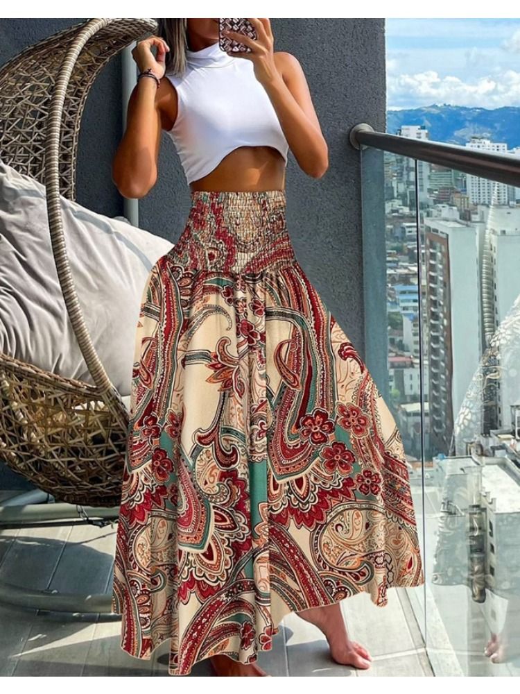 Jupe longue à imprimé floral pour femme, style bohème, taille haute, élastique, longueur aux genoux_voghion.com