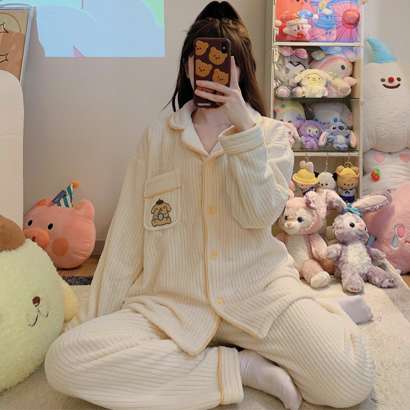 2024 New Internet Celebrity Snow Fleece Cartoon Cute Pudding Dog Pyjama Damen Winter Dickes Heimkleidungsset_voghion.com