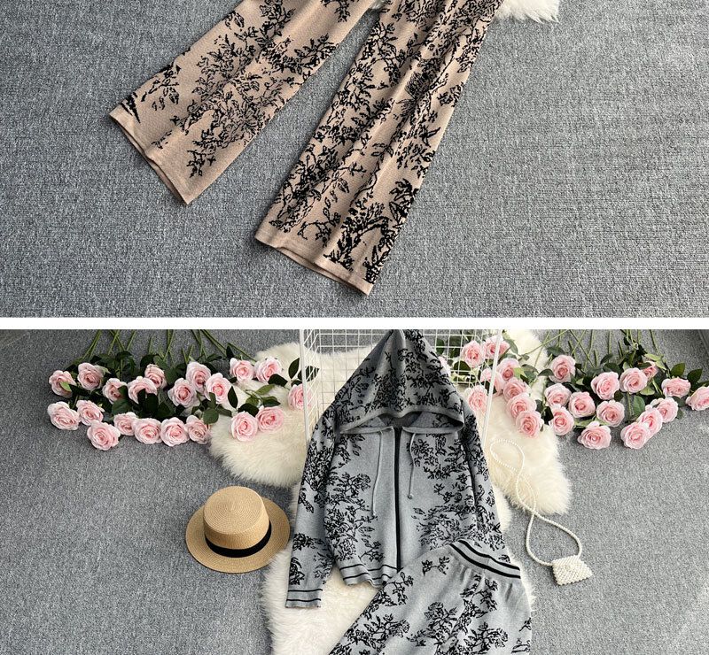 Sweat-shirt tricoté à capuche et fermeture éclair en jacquard pour femmes, ensemble deux pièces, taille haute, pantalon à jambes larges_voghion.com