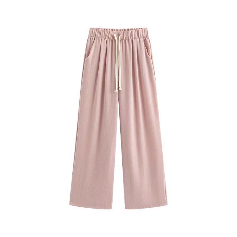 Pantalon large en lin abricot pour femme, taille haute, coupe décontractée, effet drapé, convient à toutes les saisons, en coton et lin._voghion.com
