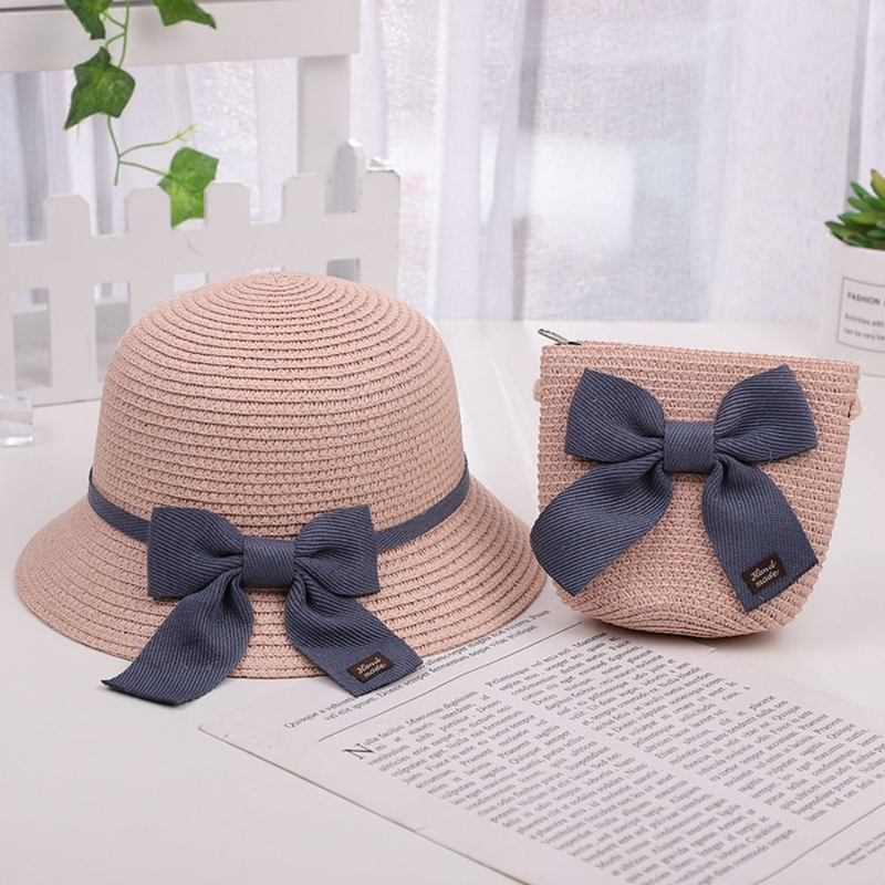 Set di berretti per borsa di paglia estivi per ragazza per 2-6 anni Cappello da sole per bambini Cappello da viaggio per protezione solare Cappello da spiaggia Cappello da pescatore per sole_voghion.com