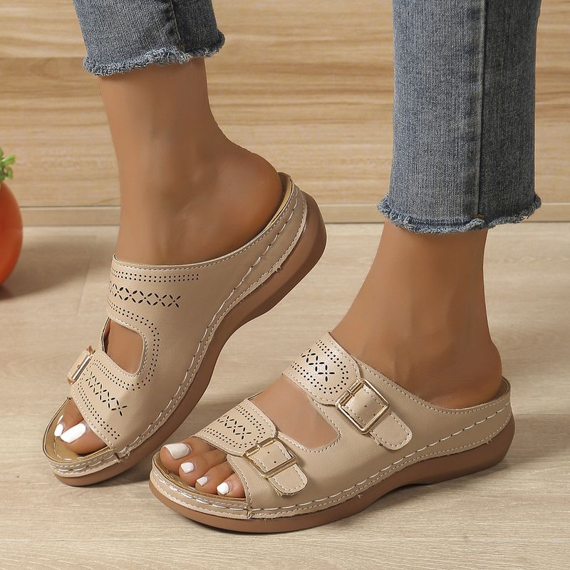 New Plus Size Carved Belt Buckle Thick Sole Women's Wedge Lightweight Outdoor Sandals_voghion.com
