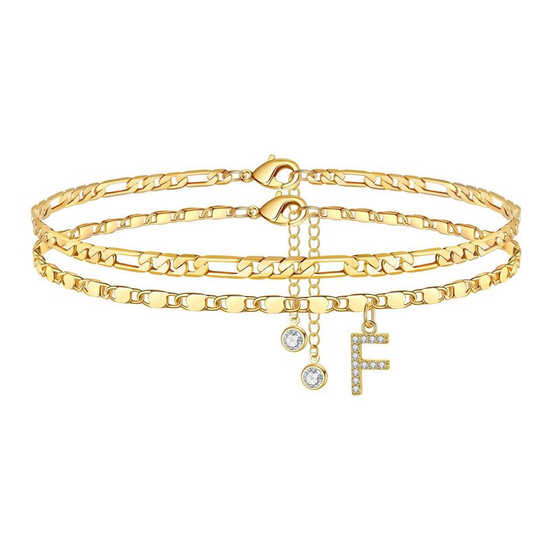 New Bohemian Zircon 26 Letters Copper Plated 14k Gold Figaro Chain Double Layer Stacked Anklet_voghion.com