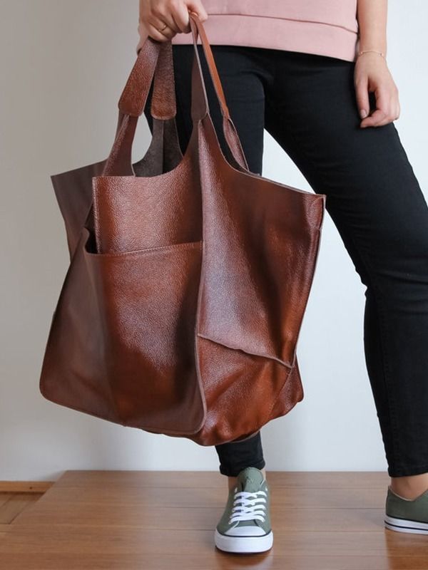 Damentaschen einfache große Tasche weiches Leder große Kapazität eine Schulter Handtasche Einkaufstasche handgemachte pflanzlich gegerbte Damentasche PG21_voghion.com