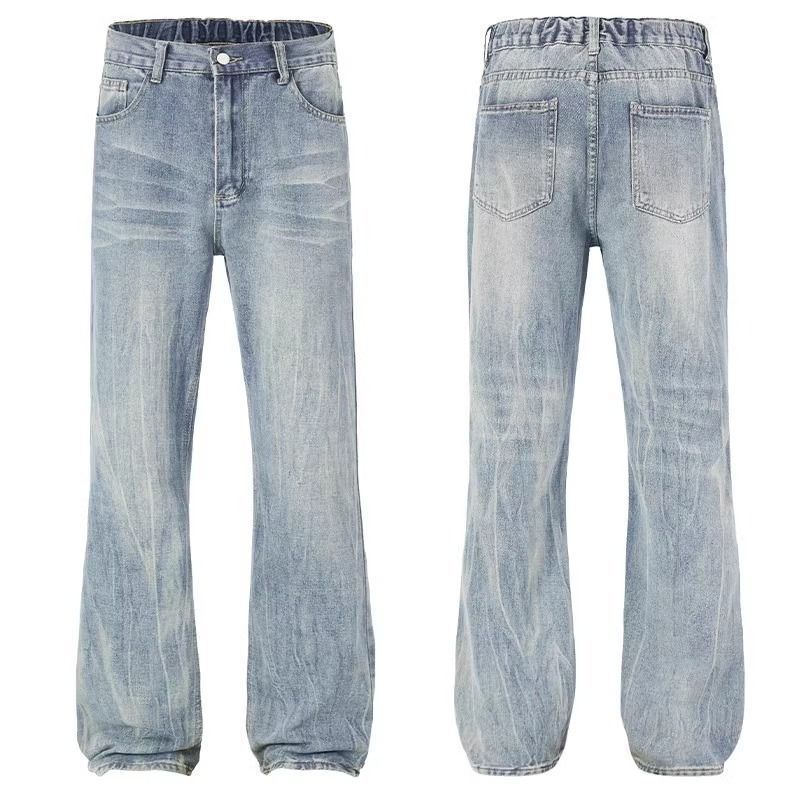 Jeans in denim azzurro chiaro effetto retrò lavato – Pantaloni larghi e comodi a gamba dritta con coulisse in vita regolabile (unisex, fodera in pile stagionale, dalla S alla 3XL)_voghion.com