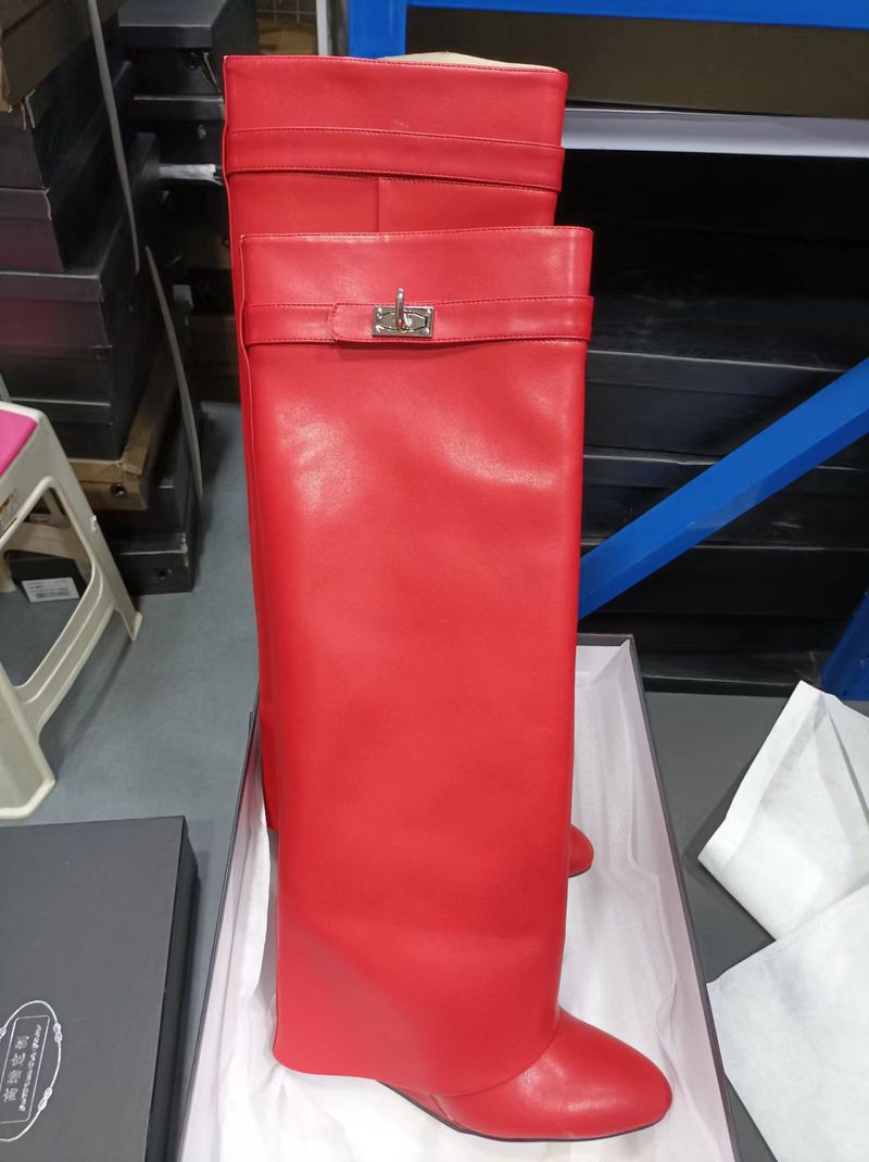 2024 New Round Toe Wide Shaft Straight Shark Buckle Mid-Calf Wedge Heel Boots For Women_voghion.com