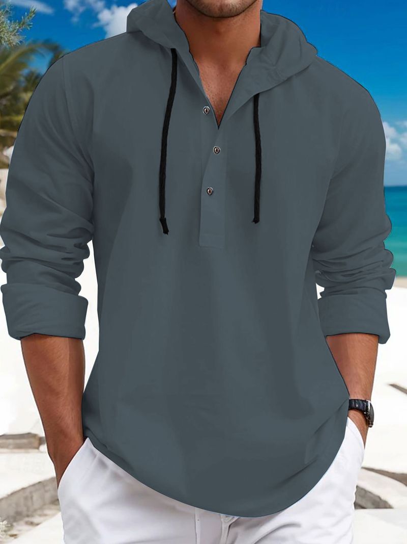 Camicia casual da uomo in twill di cotone perlato con cappuccio e bottoni, nuova collezione autunno 2024_voghion.com