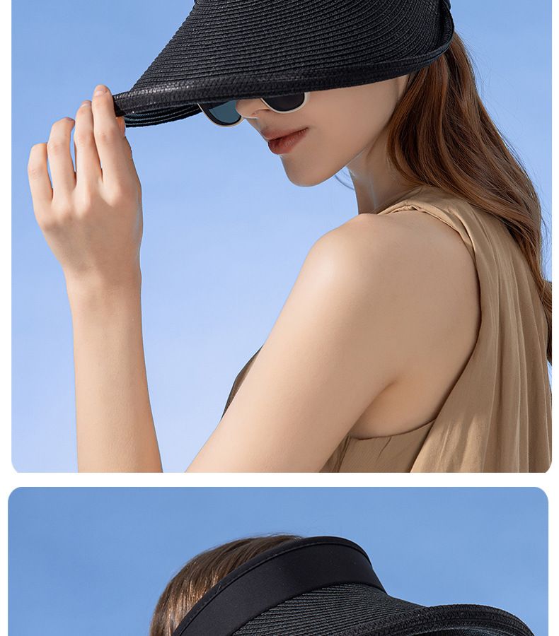 Cappello di paglia con protezione solare da donna, estivo, alla moda, con giunture, con parte superiore vuota_voghion.com