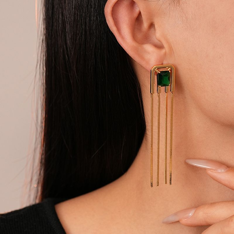 Retro square zircon metal tassel silver needle earrings elegant niche high-end earrings_voghion.com
