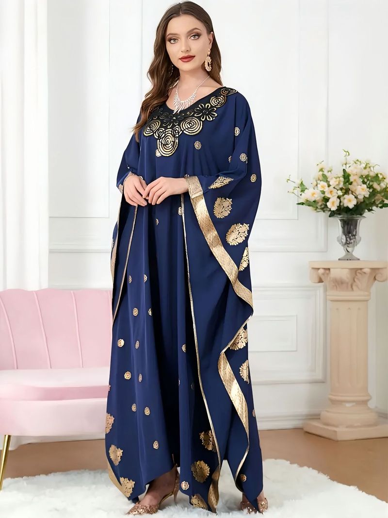 Abito lungo con maniche a pipistrello e ricami in lamina d'oro per donna musulmana, ampio e oversize._voghion.com