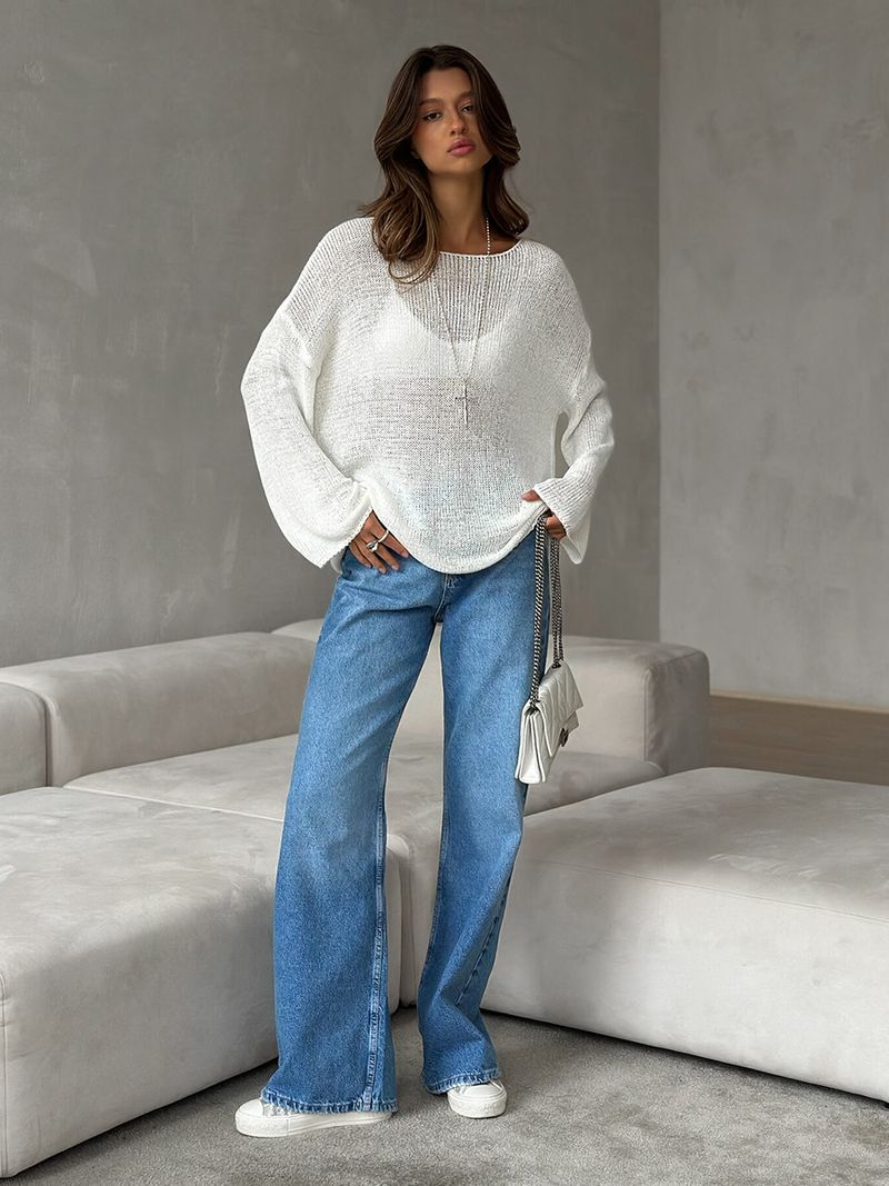 Minimalistischer einfarbiger Langarmpullover – Atmungsaktiver Strickpullover für Damen, lässiges und vielseitiges Oberteil_voghion.com