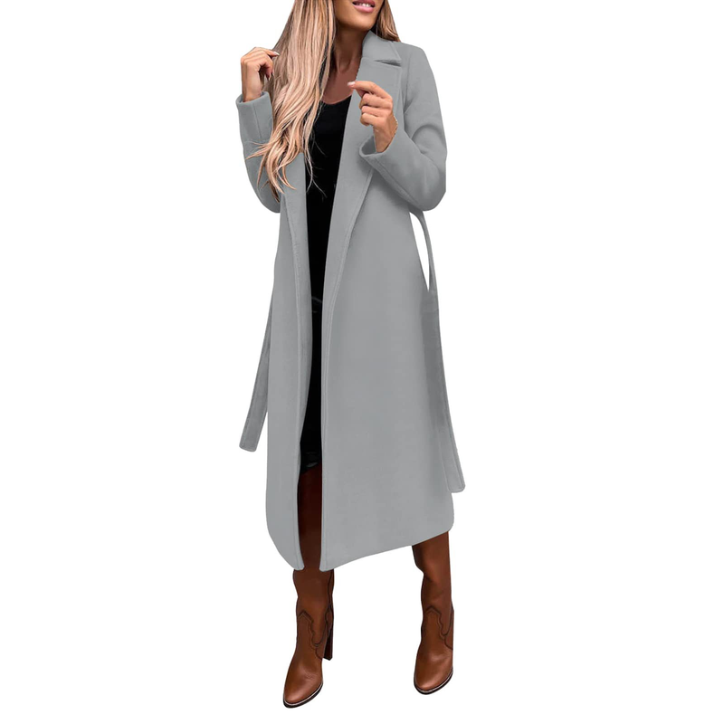 Autumn and winter women's solid color lapel long-sleeved woolen jacket simple strappy windbreaker_voghion.com