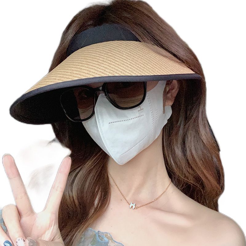 LazyZoom For Women, Summer UV Protection Wide Brim Face Covering Straw Woven Sun Hat, Cycling Visor Hat_voghion.com