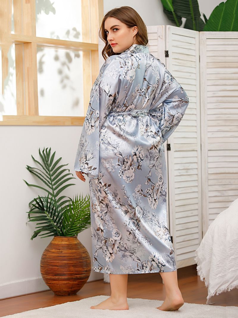 Large Size Women's Nightgown Satin Imitation Silk Printing Loungewear Long-sleeved Bathrobe Women_voghion.com