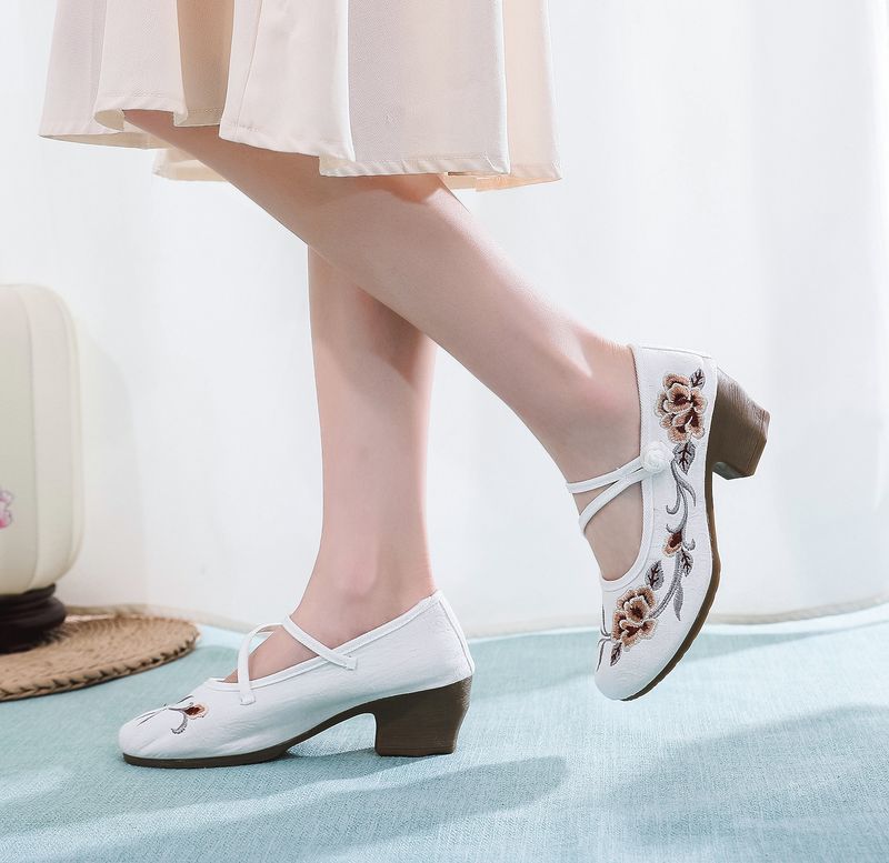 Scarpe da ballo Mary Jane in tessuto ricamato da donna, con tacco alto e spesso, con tacco quadrato singolo_voghion.com
