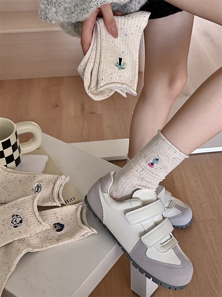 Calzini ricamati con simpatici cuccioli di cartone animato in filato a pois primaverili e autunnali, calzini per bambini di media lunghezza, con bordi arricciati alla moda, calze senza osso_voghion.com