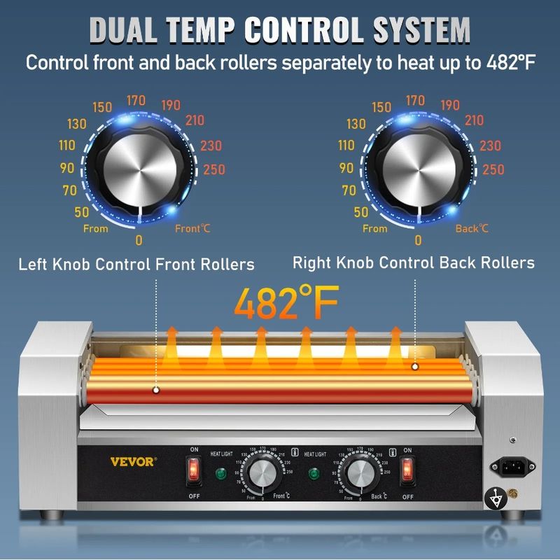 Det Temp Dual 12 con rulli caldi e luce LED per cani, macchina in acciaio inox, capacità di riscaldamento, controllo del cane, 5 rulli, 750 W, cottura a caldo_voghion.com