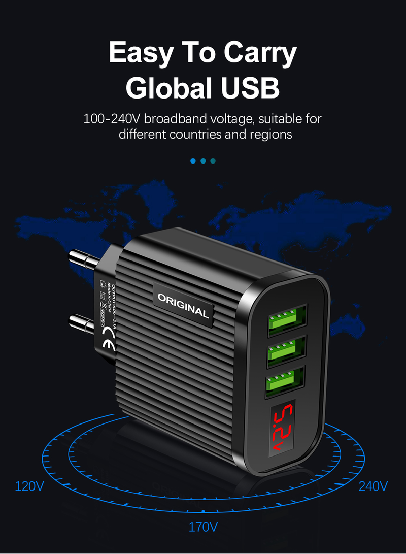 Chargeur USB avec affichage 3,1a 5V pour iPhone, 3 Ports, charge rapide, chargeur de téléphone mural pour iPhone Samsung Xia_voghion.com