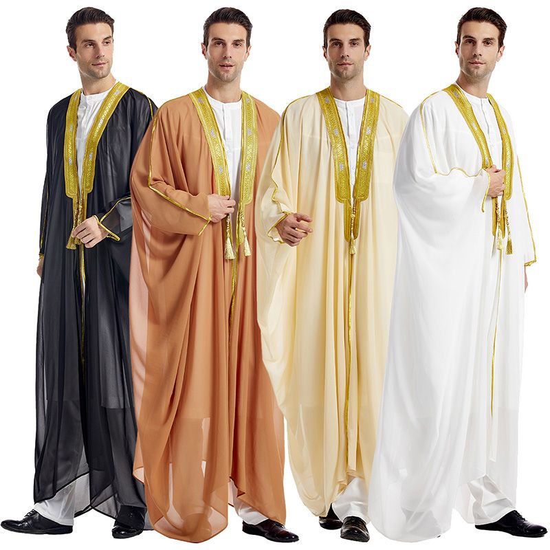Herenjas Moslimkleding Kimono Losse Abaya Jurken Lange Mouw Geborduurde Chiffon Kaftan Casual Formeel Dubai Thobe_voghion.com