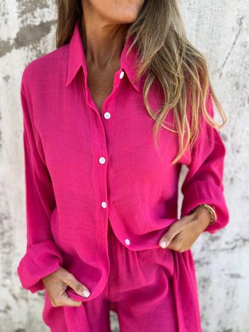 Conjunto de duas peças feminino casual de algodão e linho, cor sólida, manga comprida, camisa de tecido amassado, 2025_voghion.com