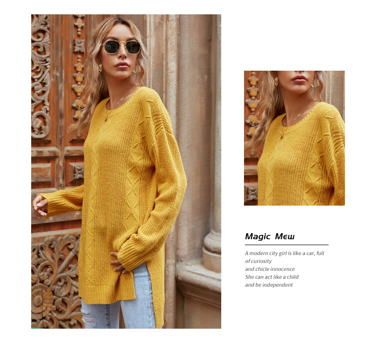 Autumn round neck solid color twisted wer split knit base sweater, forest style sweater for women_voghion.com