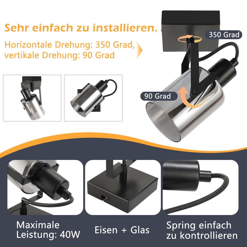 Glitzerlife Deckenstrahler Vintage Deckenlampe 1flammig - Retro Rauchgrau Glas Deckenleuchte E14 Fassung Industrial Schwarz Deckenspot Max. 40W Für Küche Wohnz_voghion.com