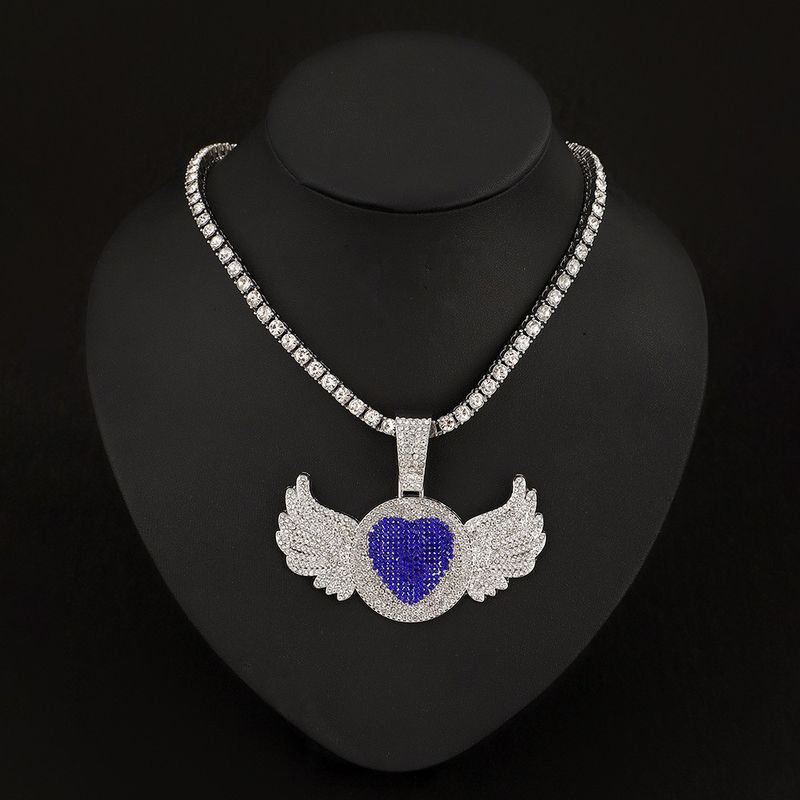 Collana da uomo con ciondolo a forma di ala d'angelo rosa, stile hip hop rap, alla moda e creativo, con diamanti blu._voghion.com