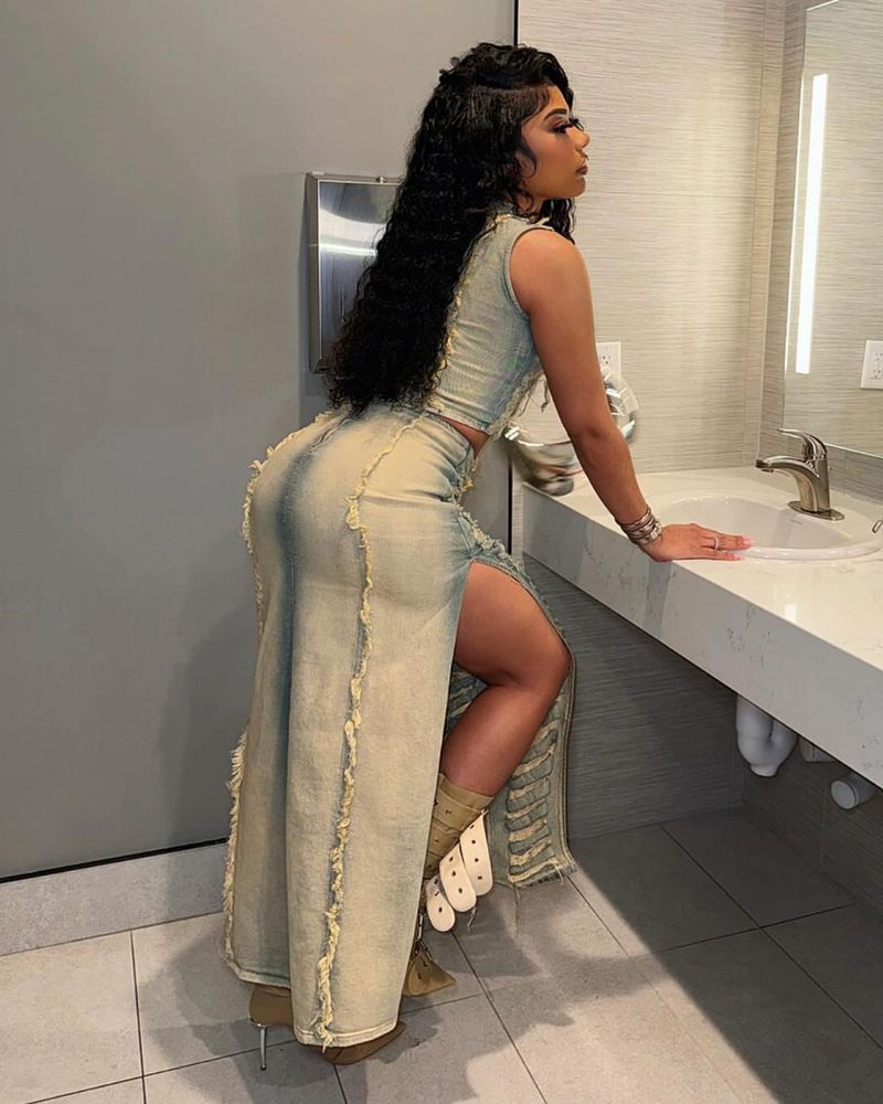 Women’s Clothing women's denim suits, cross border women's fashion, personalized hand worn vest, high slit denim skirt suit_voghion.com