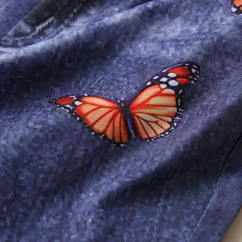 Mother & Kids New European and American Summer Girls Short-Sleeved T-Shirt Butterfly Print Imitation Denim Flare Pants Suit Two Pieces in Stock_voghion.com