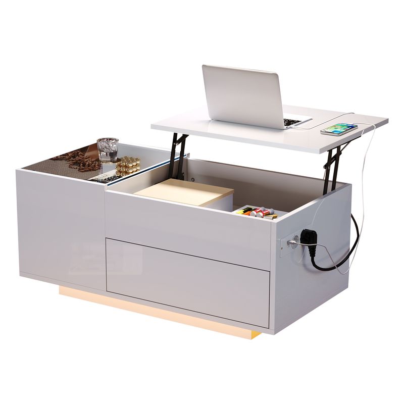 Table basse réglable en hauteur 95 x 48 x 42 cm avec rangement dissimulé, éclairage LED, tiroir et prise – Table d'appoint de salon blanche_voghion.com