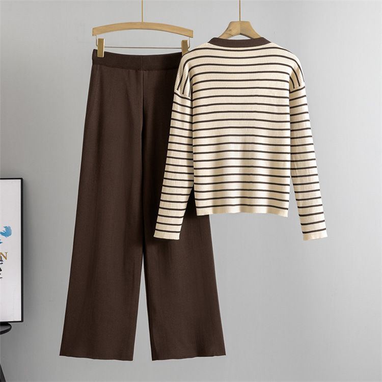 Women's Clothing spring new suits for women, contrasting stripes, double V neck knitted cardigan tops, wide leg pants, two piece suit_voghion.com