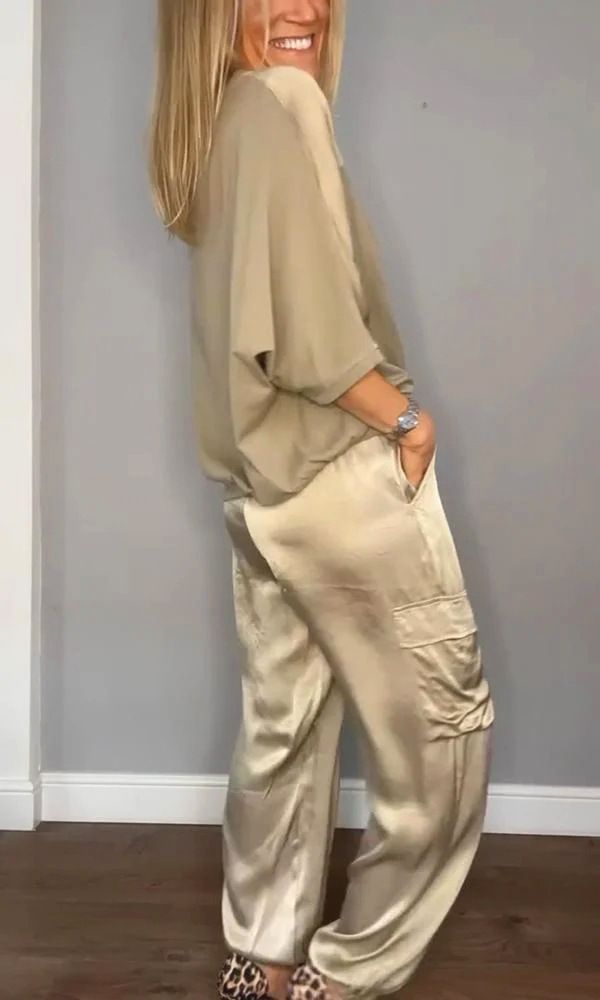 Vêtements pour femmes nouvelle mode dames lisse satin demi manches haut et pantalon costume deux pièces costume décontracté_voghion.com