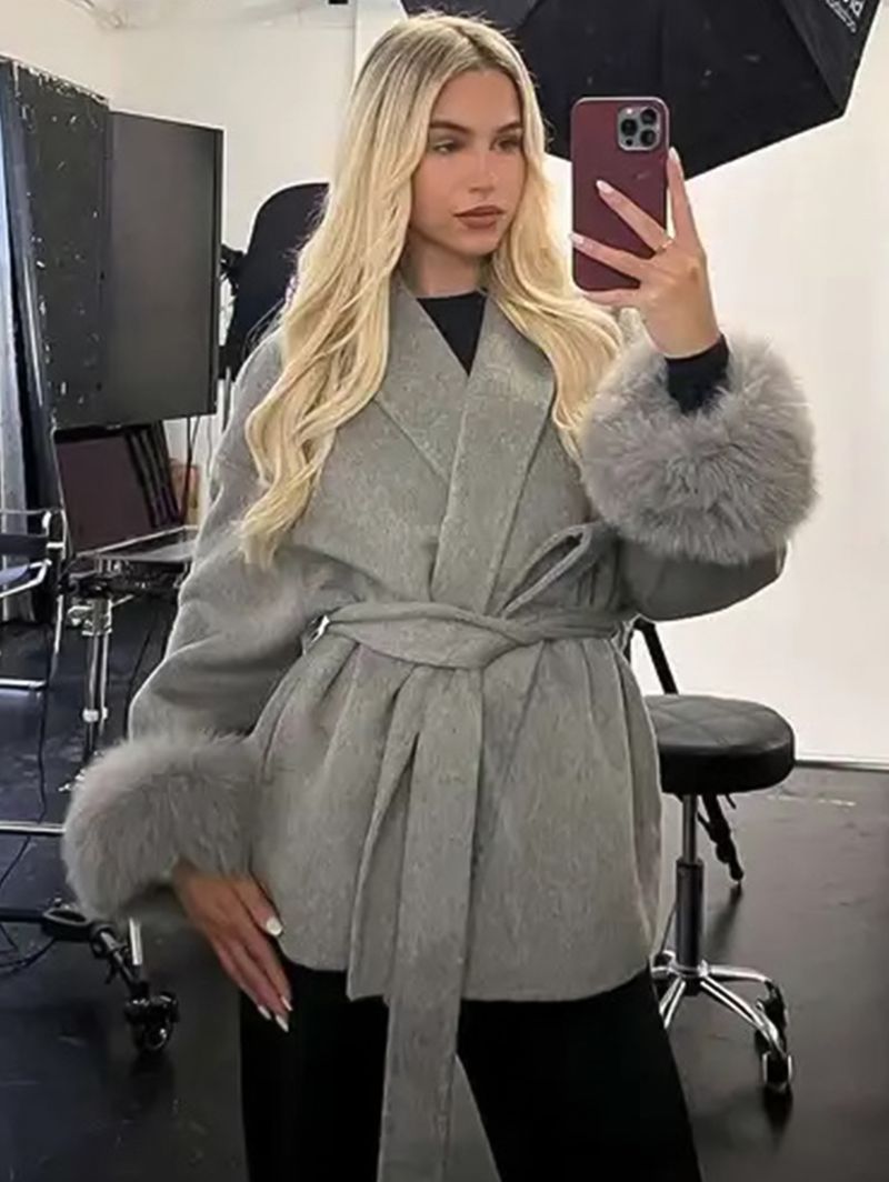 Women's Clothing Autumn And Winter Woolen Coat Short Coat Women's Cuffs Fur V Neck Lace Up Solid Color_voghion.com