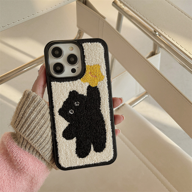 Custodia per cellulare in peluche con stella ricamata e gatto nero per iPhone 15 Promax 16, 13 carino 12_voghion.com