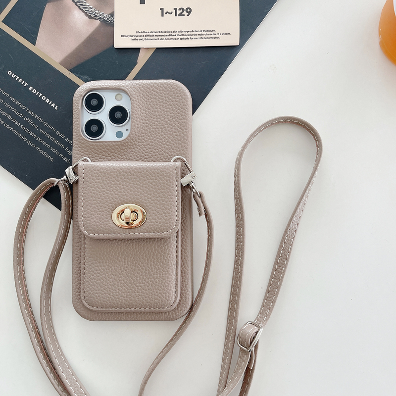 Mobile phone case lock card holder diagonally suitable for Apple 15pro max mobile phone case iPhone14 pebbled pattern protective cover_voghion.com