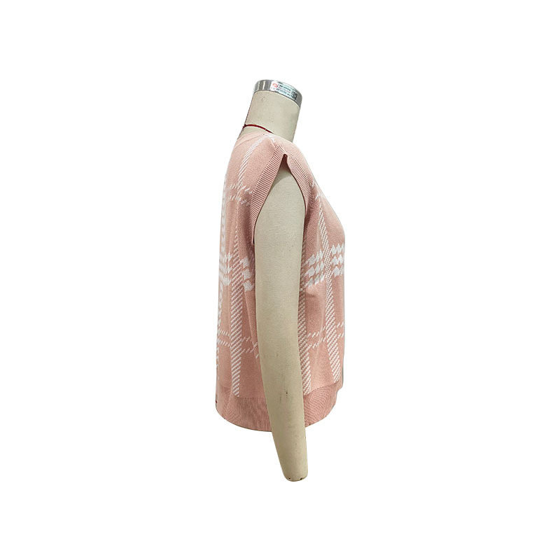 Pink Houndstooth Short Knitted Waistcoat_voghion.com