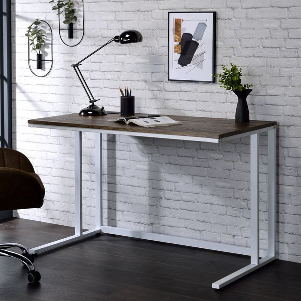 Walnut And White Writing Desk With USB Port_voghion.com
