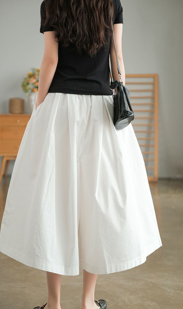 hot selling Khaki Women's 100% Pure Cotton Casual Loose Elastic Waist Wide Leg Women 2024 Summer New Retro Black Skirt Pants_voghion.com