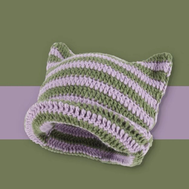 Cappello invernale lavorato a maglia caldo con orecchie di gatto a righe fatto a mano da donna, stile piccolo diavolo autunnale_voghion.com