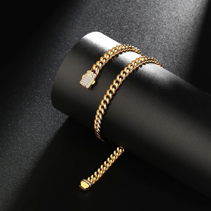 Cross Border E Commerce Delivery Men's Gold Cuban Necklace White Zircon Micro Inlaid Lock Encryption Chain 6mm 14mm_voghion.com