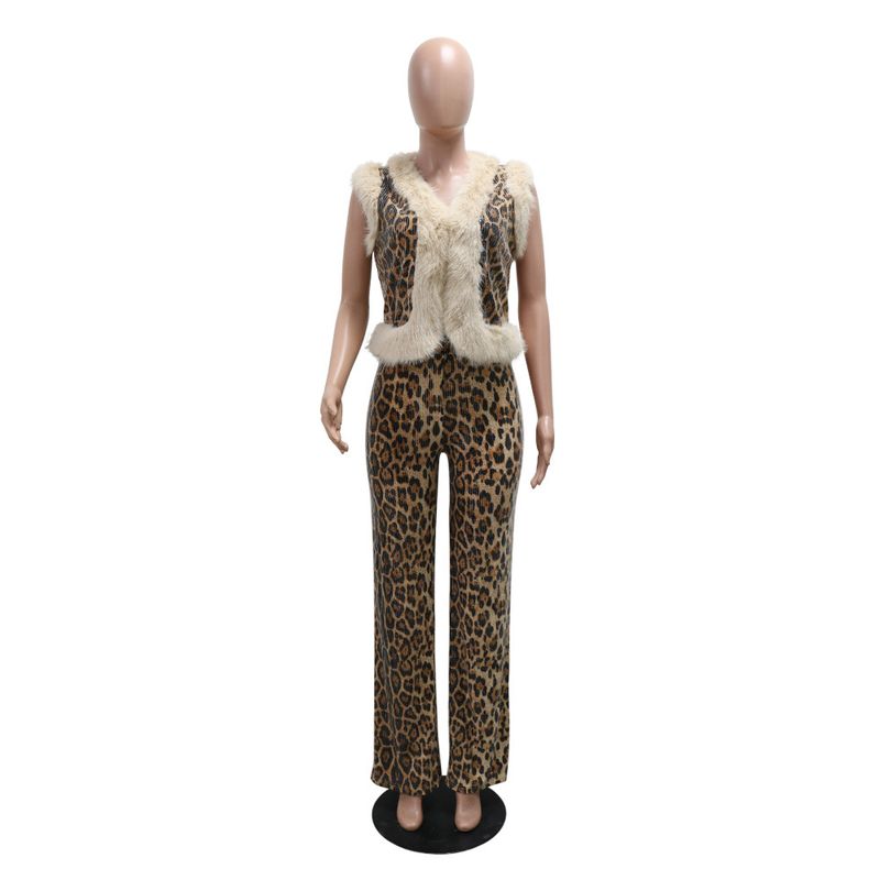 Abbigliamento da donna, moda casual da donna, stampa leopardata, paillettes, due pezzi, pelliccia, strisce, top senza maniche, pantaloni attillati per donna_voghion.com