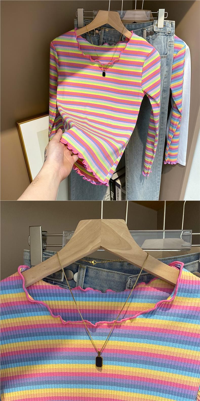 339 # Ženska črtasta majica z dolgimi rokavi iz čistega bombaža, notranja spodnja majica z majhno velikostjo, zunanja majica za zgodnjo pomlad in jesen_voghion.com